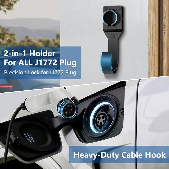 EV Charger Holder for SAE J1772 Wall Mounted, J1772 Charger Cable Hook and Connector Dock Set, Durable Hook for EV Charging Cable Organizing, Indoor and Outdoor Use for Electric Vehicle