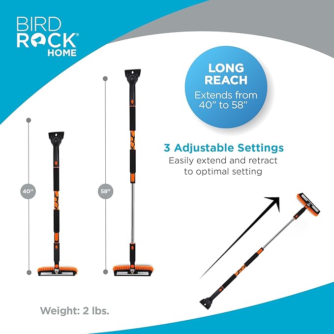 BIRDROCK HOME 58" Extendable Snow Brush with Detachable Ice Scraper | Heavy Duty, Non-Scratch for Cars, SUVs, Trucks | Windshield Paint Friendly | Telescoping Handle, Pivoting Squeegee & Bristle Head