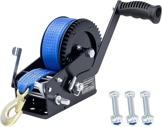 3500LBS Heavy Duty Boat Trailer Winch with 32FT Strap, 2-Way Ratchet, 4:1/8:1 Gear Trailer Winch, Portable Hand Crank for Boat, Truck, Trailer, RV, ATV, Jet Ski