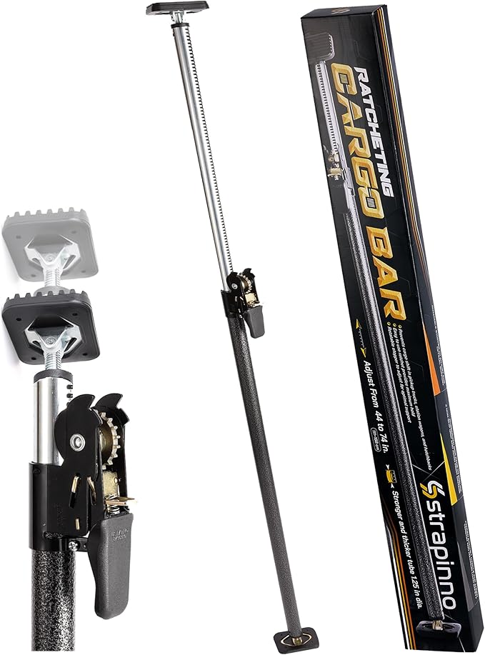 Strapinno - Ratcheting Cargo Bar 44"-74", Non-Slip Truck Bed Divider, Easy Setup, Strong 1.25" Tube, Adjustable Stabilizer for Pickup Trucks