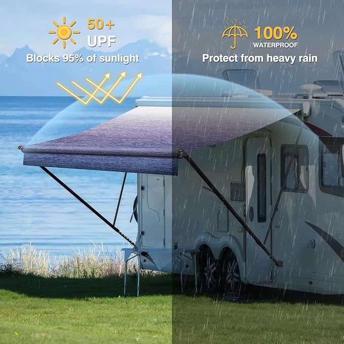 RV Awning Fabric Replacement, 16oz Heavy-Duty Vinyl Camper Awning Replacement Waterproof Universal Outdoor Canopy Replacement for Camper, Trailer, Motorhome (Blue Fade, 16FT(Fabric 15'2"))