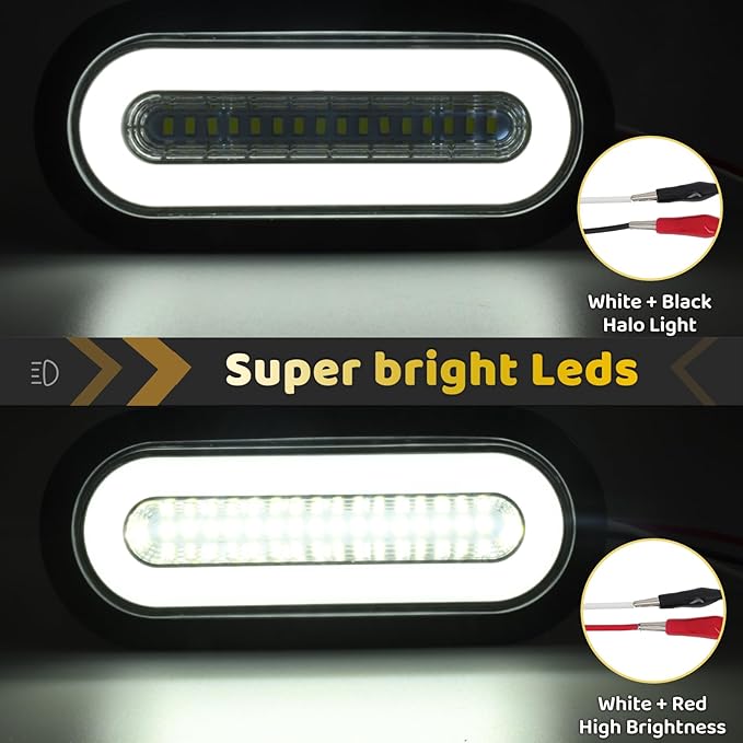 2Pcs 6" inch Smoked Lens Oval White 52 LEDs Trailer Boat Halo Reverse Back up Tail Lights【Patented】 w/Rubber Grommet, Sealed Submersible IP67 for Truck/RV/Van, DC 12V