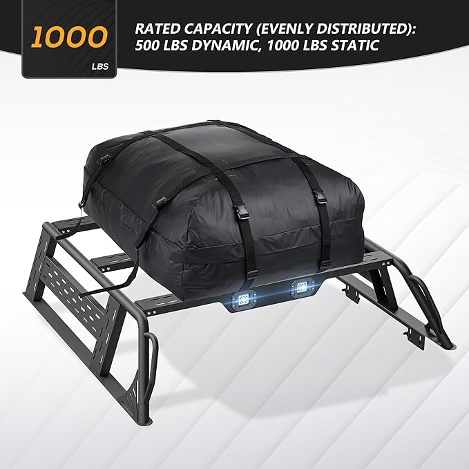 13.3" High Overland Bed Racks Truck Cargo Carrier with 2 LED Lights Compatible with 2016-2025 Toyota Tacoma with Bed Rails, 1000 LBS Truck Rear Ladder Rack Back Cross Bars