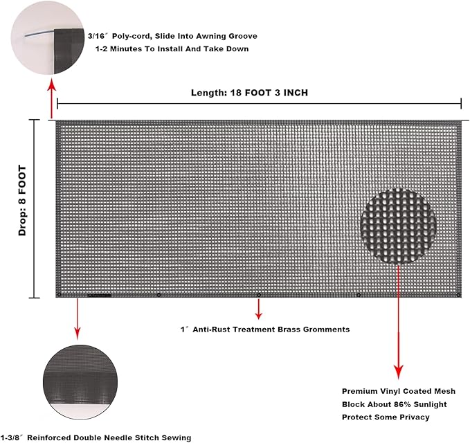 Tentproinc RV Awning Sun Shade Screen 8' X 18' 3'' (Fit for 19' Awning) Mesh Sunshade Block UV Glare Shadescreen for Motorhome Camping Trailer Awning Screenshade Sunscreen - 3 Year Warranty (Brown)
