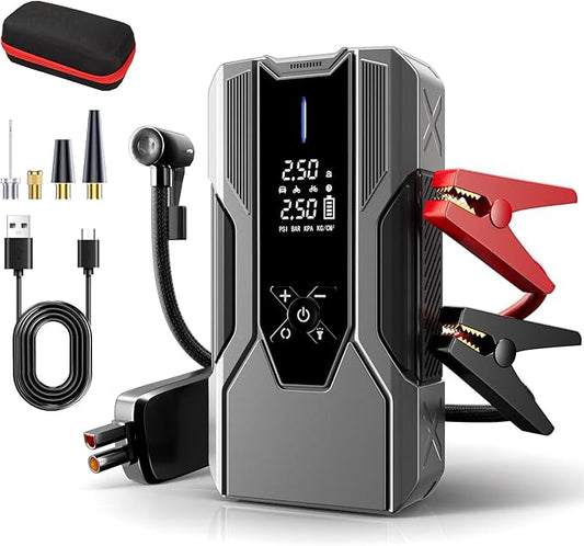 Emergency Portable Jump Starter with Air Compressor - 3000A 150PSI for Cars, Trucks & SUVs up to 9L Gas/7L Diesel, 12000mAh Portable Power Bank, -20°F Cold Start (Grey)