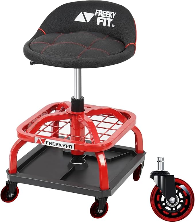 Rolling Stool with Red Wheels, Heavy Duty Garage Work Mechanic Rolling Shop Stool with Backrest, Adjustable Height 360°Swivel Roller Mechanic Chair with 2 Tool Trays, 330 LBS Capacity