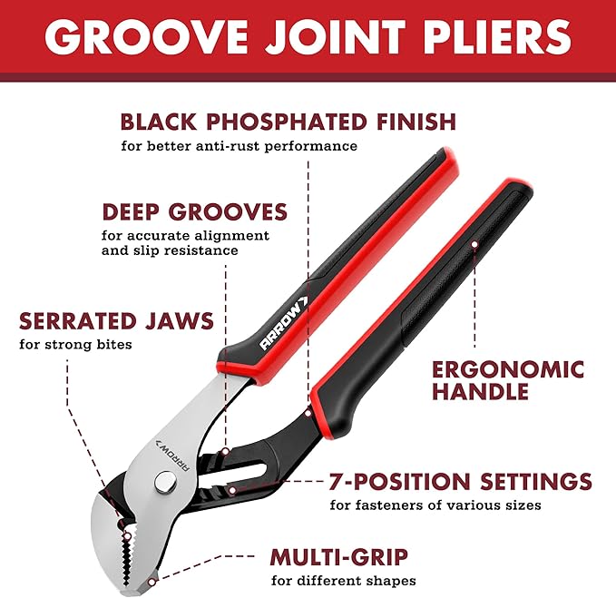 ARROW 10-Inch Groove Joint Pliers, Adjustable Water Pump Pliers with TPR Handle, High Carbon Steel Tongue and Groove Plier for Plumbing, Automotive and Household Repairs