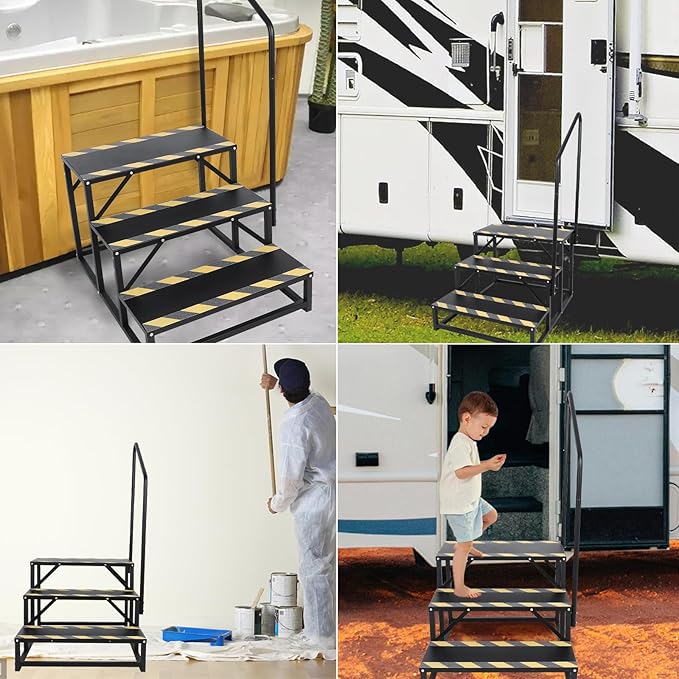 3-Steps RV Stairs with Handrail,Hot Tub Steps with Handrail 300LBS Load Capacity with Anti-Slip Skid Tape Portable Stairs for Travel Trailer,Mobile Home,Camper,Pool and Pet Stairs
