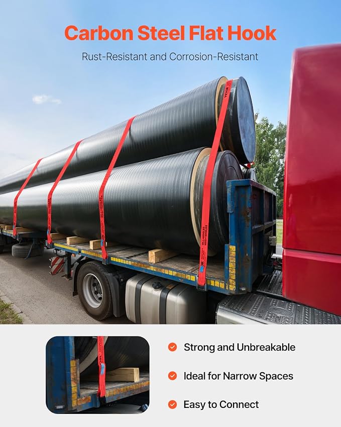 VEVOR Truck Straps, 4" x30' Heavy Duty Tie Down w/Flat Hooks 18,000lbs Break Strength, WLL# 6000lbs, Cargo Straps tie Down for Flatbeds, Trucks, Trailers, Farms, Rescues, Tree Saver, Red(10 Pack)