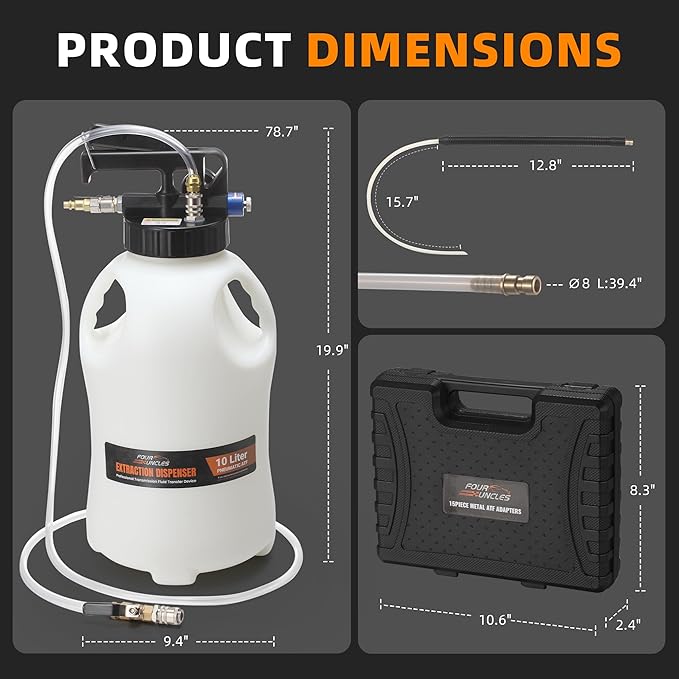 FOUR UNCLES 10L Transmission Fluid Pump - Pneumatic Transmission Fluid Extractor and Dispenser with 15 Metal ATF Adapters and Pressure Gauge for Automotive Use, Transmission Fluid Transfer Pump Kit
