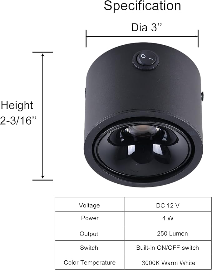 2-Pack RV LED Spot & Reading Light - Matt Black 12V Wall Fixture, 3000K Warm White Interior Light for Motorhome Camper Bedroom