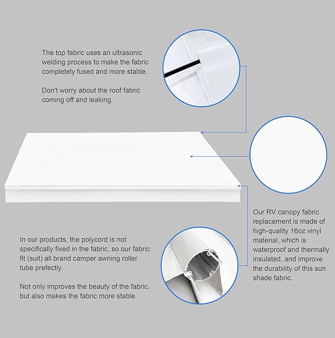 AWNLUX-RV Awning Fabric Replacement - Heavy Duty Weatherproof 4-Ply Vinyl Camper Awning Fabric - Universal Outdoor Canopy for Camper, Trailer, and Motorhome Awnings - Solid White - 13' (Fabric 12'2")