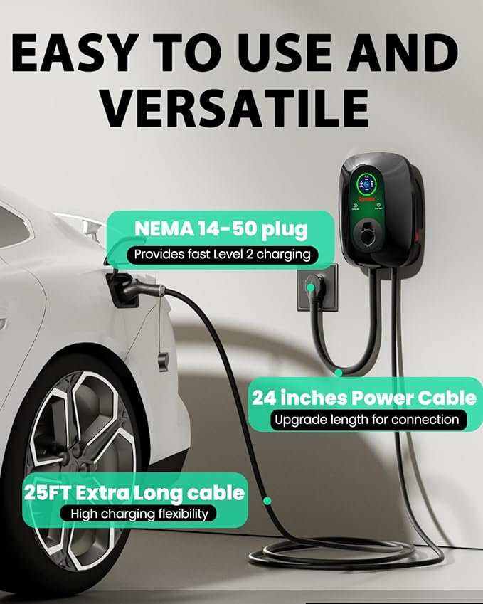 Romaa Level 2 EV Charger J1772 40 Amp Plug in, 240V Home Charging Station Wallbox, NEMA 14-50, 9.6 kW, Adjustable 8 to 40A, ETL Listed, FCC Part 15, NEMA Type 4, 25 ft, App WiFi Smart Display