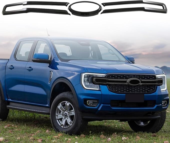 HIGH FLYING for Ford Ranger 2024 2025 Car Exterior Accessories Front Middle Grille Insert Bumper Overlay ABS Gloss Black 3pcs (Only Fit XLT/XL/XLS)