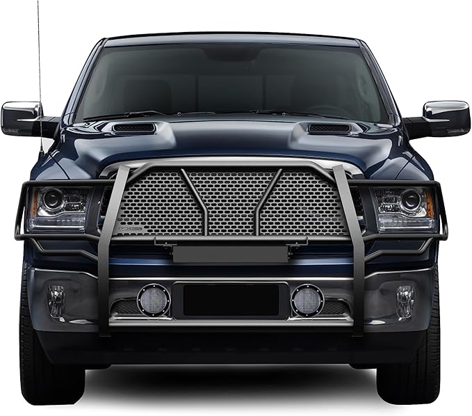 Black Horse Rugged Heavy Duty Grille Brush Bumper Guard Modular Black Come with Pair of 5.3" LED Lights Compatible with 2019-2024 Ram 1500 Classic|2009-2018 Dodge Ram 1500-RU-DORA09-B-PLFB