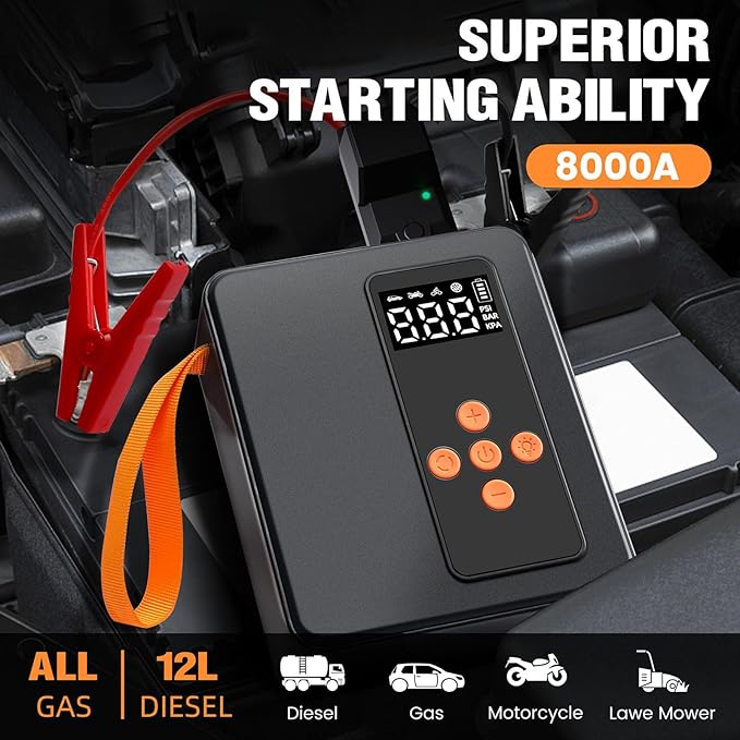 Jump Starter 8000A Peak with 200PSI Air Compressor, Portable Battery Charger for All Gas 12L Diesel Engines, Tire Inflator Combo, Power Station with LED Flashlight, Roadside Emergency Tool, Gifts