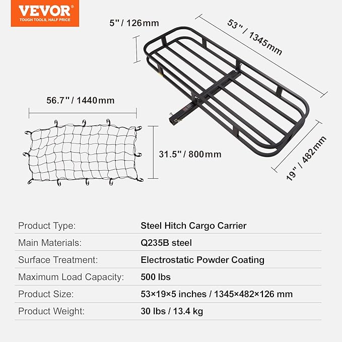 VEVOR 53 x 19 5 in Hitch Cargo Carrier, 500lb Capacity Trailer Mount Basket, Steel Luggage Carrier Rack Fits 2'' Receiver for SUV Truck Pickup with Net, Stabilizer, Straps, Black