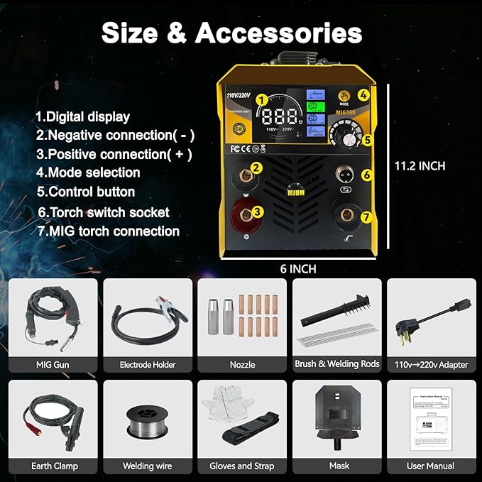 MIG Welder Portable Welding Machine: 160A 110V/220V Dual Voltage 3-in-1 Flux Core Mig/Stick/Lift TIG Welding Set for Beginner - Indoor Outdoor Welders with IGBT Inverter Synergic Control LED Digital