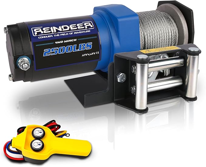 REINDEER New 12V Winch 2500lb Load Capacity Electric Winch Kit for ATV UTV Steel Cable Wire Rope with Hawse Fairlead Waterproof IP67 with Handheld Remotes