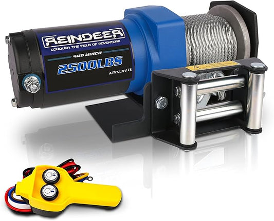 REINDEER New 12V Winch 2500lb Load Capacity Electric Winch Kit for ATV UTV Steel Cable Wire Rope with Hawse Fairlead Waterproof IP67 with Handheld Remotes
