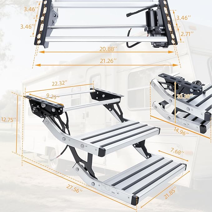 Electric Retractable RV Steps with LED Light, 2-Step, 400 LBS Load Capacity, Foldable Aluminum Alloy Camper Steps, Thickened Steel Plate Trailer Steps, Non-Slip Design, Ideal for RV, Trailer, Camper