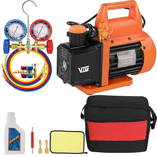 4.5 CFM AC Vacuum Pump and Gauge Set,for Mini Split/HVAC/Auto Systems,Manifold Gauge Kit Compatible with R134a R12 R22 R502,Includes R134a Can Tap,R410a Adapters