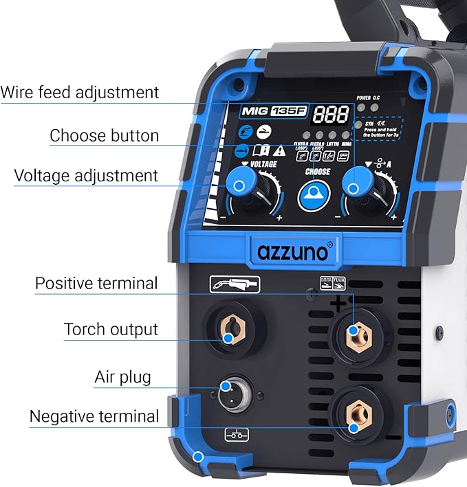 AZZUNO 135 Amp MIG Welder, 3 in 1 Multiprocess Welder 110V Flux Core Welder Flux MIG/Lift TIG/Stick Welding Machine Synergic Control IGBT Inverter Welder (volts, 110)