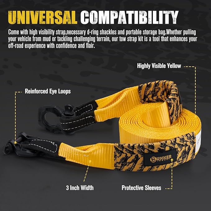 BUNKER INDUST Heavy Duty Tow Strap Recovery Kit, 3" x 20ft Recovery Straps + Pair 3/4 D Ring Shackles + Bag 35,000 lbs Tree Saver Winch Strap - Emergency Vehicle Off Road Towing Rope