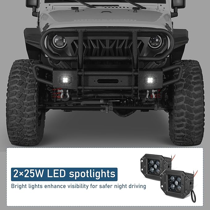 Hooke Road Wrangler Stubby Front Bumper Brush Guard Bull Bar for 2007-2018 Jeep Wrangler JK & Unlimited 2/4 Doors, Rock Crawler Tubular Offroad Bumper with Winch Plate, Lights & D-rings