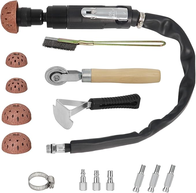 Air Tire Repair Polish Patch Kit Heavy Duty - Includes 2500RPM Air Tire Buffer, Tire Inner Liner Scraper, 4 Tungsten Steel Buffing Wheel, Patch Roller, & Wire Brush - Professional Tire Patch Tools