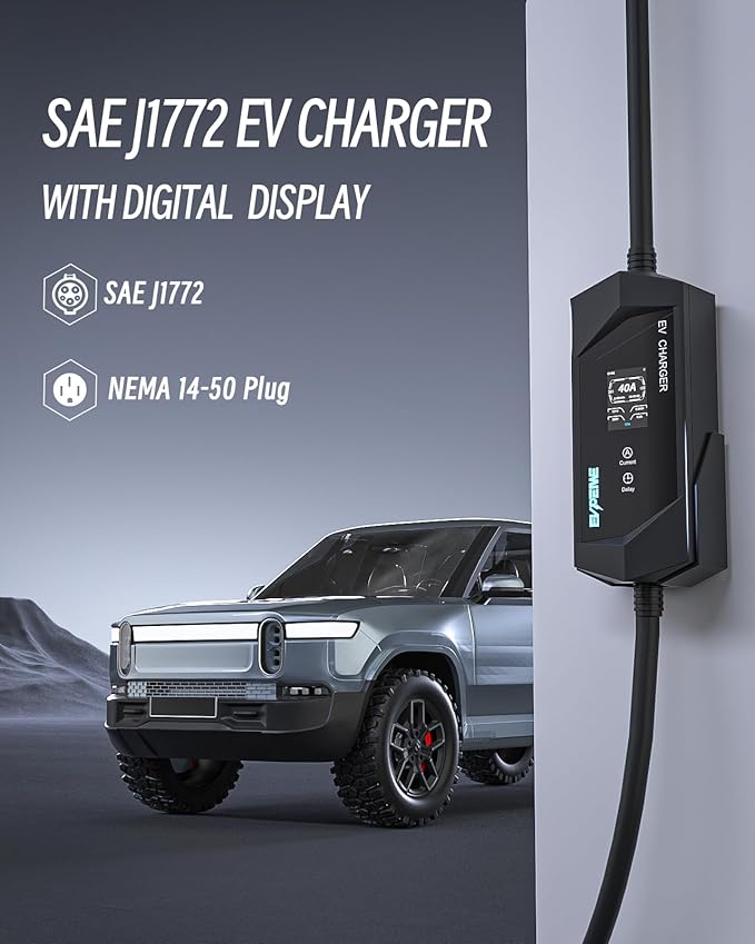 Level 1/2 EV Charger for SAE J1772, 40A 110-240V Portable EV Charger with NEMA 14-50/NEMA 5-15 Plug, 25ft Cable ETL Listed Electric Vehicle Charger for J1772 Electric Cars