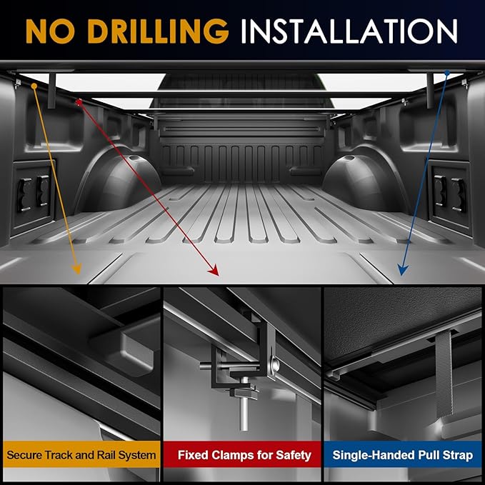 Low Profile Tonneau Cover Truck Bed for Ford F150 6.5 ft (78.9") 2015-2025, Fully Folded Vertical Clearance Hard Flip Fold Locking Drill-Free Install Waterproof Fiberglass Anti-Theft Security