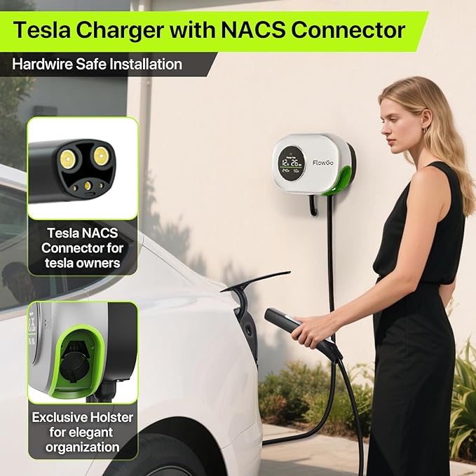 Tesla Charger Level 2 Hardwire 50A Smart Home Charger NACS 240V EV Chargers 50 Apms Large Motion-Activate Display Screen One-Piece Housing Metal Case 25 FT Cable NEMA 14-50 Plug