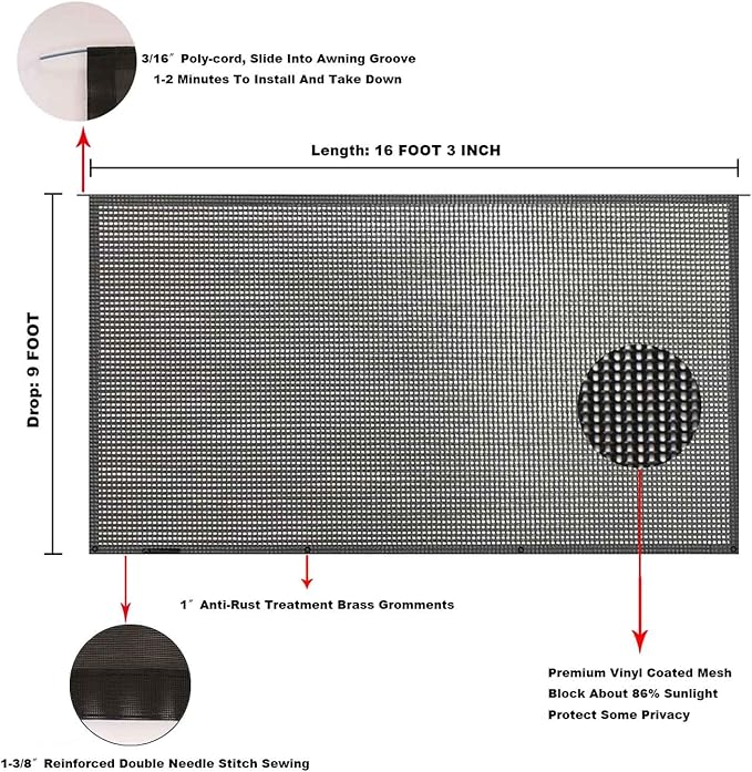 Tentproinc RV Awning Sun Shade Screen 9' X 16' 3'' (Fit for 17' Awning) Mesh Sunshade for RV Awning Sunscreen Block UV Glare Motorhome Camping Trailer Awning Screenshade - 3 Year Warranty (Black)