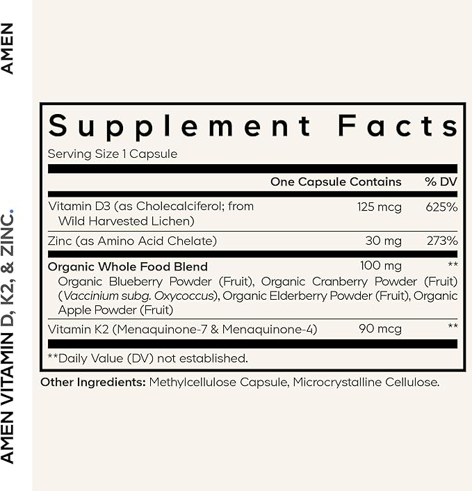 Amen Vitamin D, K2 & Zinc, Cholecalciferol D3 5000 IU, Organic Whole Food Blend with Apple, Blueberry, Cranberry, Elderberry Powder Fruits, Vegan Supplement, D3 K2 Vitamins, Non-GMO - 60 Capsules