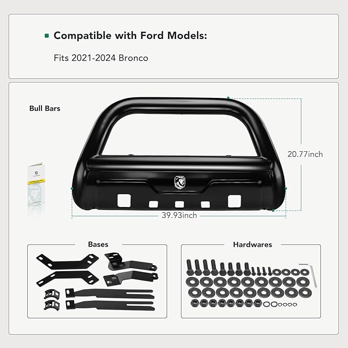 YHTAUTO 3.5" Bull Bar Push Bar with Skid Plate Light Mount Fit Ford Models, Bronco 2021 2022 2023 2024 2025, Alloy Steel Brush Guard for Truck Front Bumper Off Road Accessories