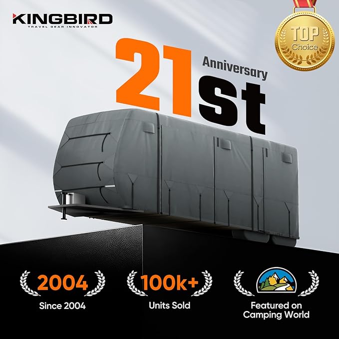 KING BIRD RV Cover, Heavy Duty 5-Layer Snow Protection, Fits 35-38ft Travel Trailers Campers, with Adhesive Repair Patches,Windproof Straps&Tire Covers