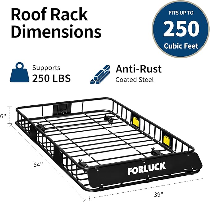 Forluck 64 x 39 x 6 Inch Universal 250 LBS Heavy Duty Roof Rack Cargo Carrier with Net & Ratchet Straps, Extension Rooftop Cargo Carrier, Car Top Luggage Holder for SUV, Truck or RV Steel Construction
