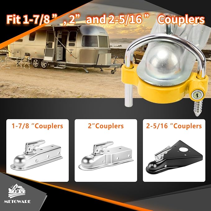 METOWARE Keyed Alike Trailer Hitch Lock Set, Fits 1-7/8", 2'' 2-5/16" Coupler, with 1/2'' and 5/8" Dia Dual Bent Pin Hitch Lock, 1/4'' Dia Span Coupler Lock, Yellow