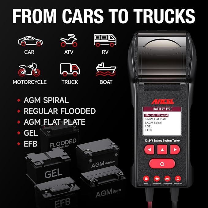 ANCEL BST600 Car Battery Tester with Printer - 12V/24V, 100-2000 CCA, Digital Auto Battery Load Tester - Cranking and Charging System Test for Heavy Duty Truck, Marine, Motorcycles, RVs, SUVs, Boats
