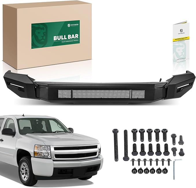 YHTAUTO Bull Bar Push Bar with Skid Plate Light Mount Fit Chevrolet Models, Silverado 1500 2007-2013, Heavy Duty Steel Brush Guard for Truck Front Bumper Textured Black Off Road Accessories