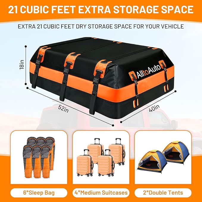 Car Rooftop top Cargo Carrier 21 Cubic feet 100% Waterproof Heavy Duty PVC for All Cars with/Without Rack, Includes Anti-Slip Mat, 10 Buckle with Straps, 6 Door Hooks, Luggage Lock