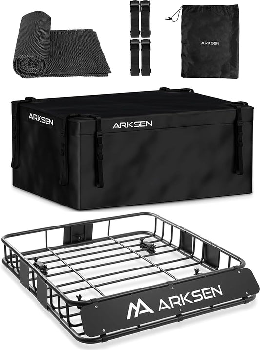 ARKSEN 43 x 39 x 6 Inch Universal 150LB Heavy Duty Roof Rack Cargo with 500D PVC Waterproof Cargo Bag, Car Top Luggage Holder Carrier Basket with Extension for SUV, Truck, & Car Steel Construction