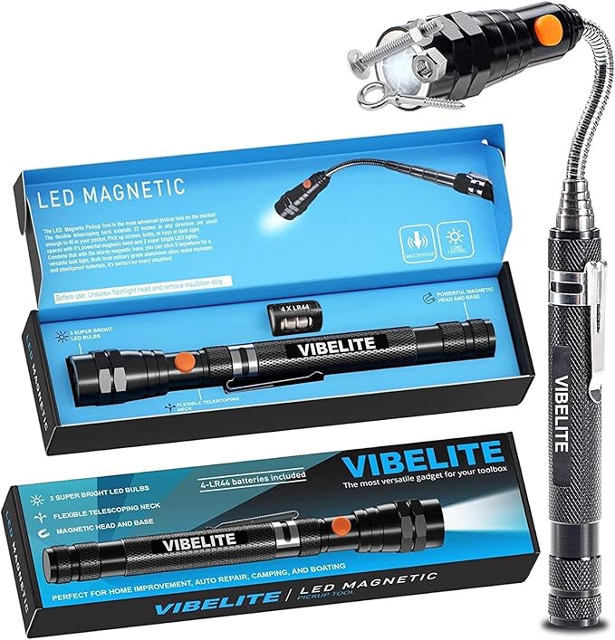 VIBELITE Extendable Magnetic Flashlight with Telescoping Magnet Pickup Tool-Cool Gadget Christmas Gifts Stocking Stuffers for Men, Teen Boys, Husband, Dad, Father, Mechanic, Him, Women, Black