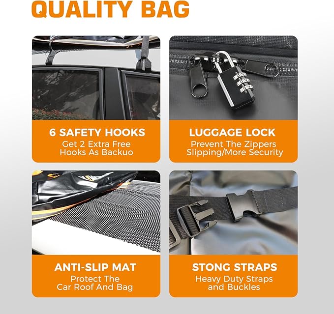 Kingfun Car Rooftop Cargo Carrier – Waterproof 15 Cubic Feet Car Roof Bag Fit All Vehicles with/Without Roof Racks, Includes Anti-Slip Mat, 8 Reinforced Straps & 6 Door Hooks, Luggage Locks