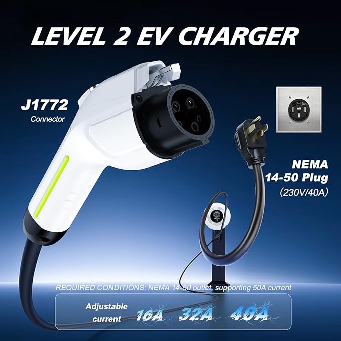 Level 2 EV Charger, 40Amp 9.6KW Fast Wall Home Charging Station-NEMA 14-50 EVSE w/ J1772 Connector, 240V NEMA 14-50 Plug-WiFi & APP Enabled,27.3ft Charging Cable, EC41 White