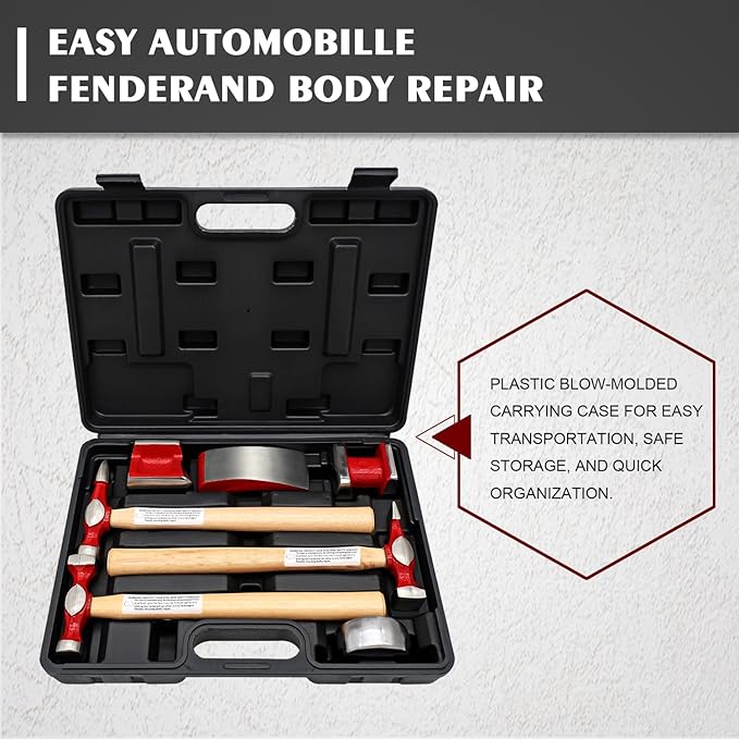 7 Piece Auto Body Repair Kit，Hammer and Dolly Tools with Carbon Steel on Wood Handles,Performance Heavy Duty Dollies Set,Roller Fixer Dent Remover Tool.