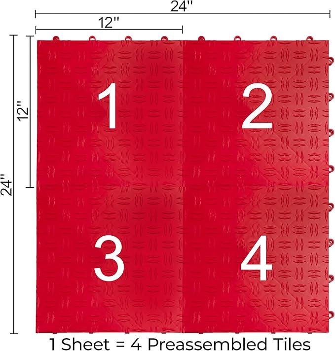Big Floors GarageTrac Diamond, Interlocking Non-Slip Garage Flooring Tile, Durable, Modular, Heavy-Duty Copolymer, Easy Install (Red, 24 Pack of 12 x 12" Tiles)
