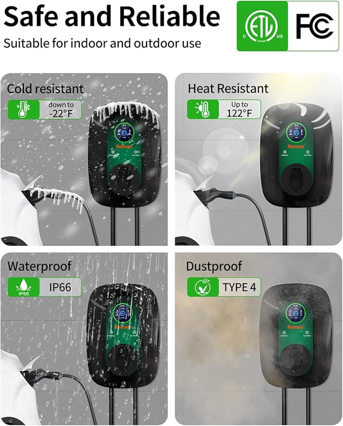 Romaa Level 2 EV Charger J1772 40 Amp Plug in, 240V Home Charging Station Wallbox, NEMA 14-50, 9.6 kW, Adjustable 8 to 40A, ETL Listed, FCC Part 15, NEMA Type 4, 25 ft, App WiFi Smart Display