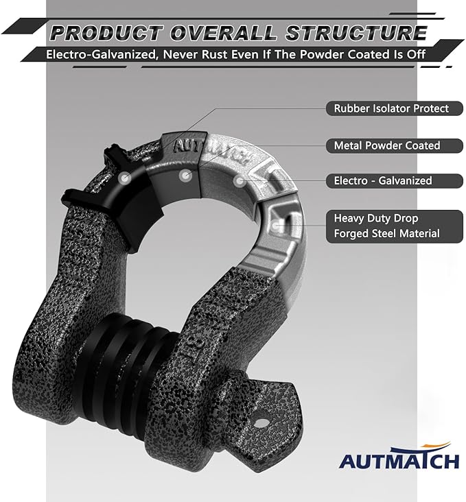 AUTMATCH D Ring Shackles 3/4" Mega Shackle (2 Pack) 68,000Ibs Break Strength - Heavy Duty Clevis Shackles 7/8" Screw Pin & Isolator Washer for Tow Strap Winch Off Road Vehicle Recovery, Grainstone